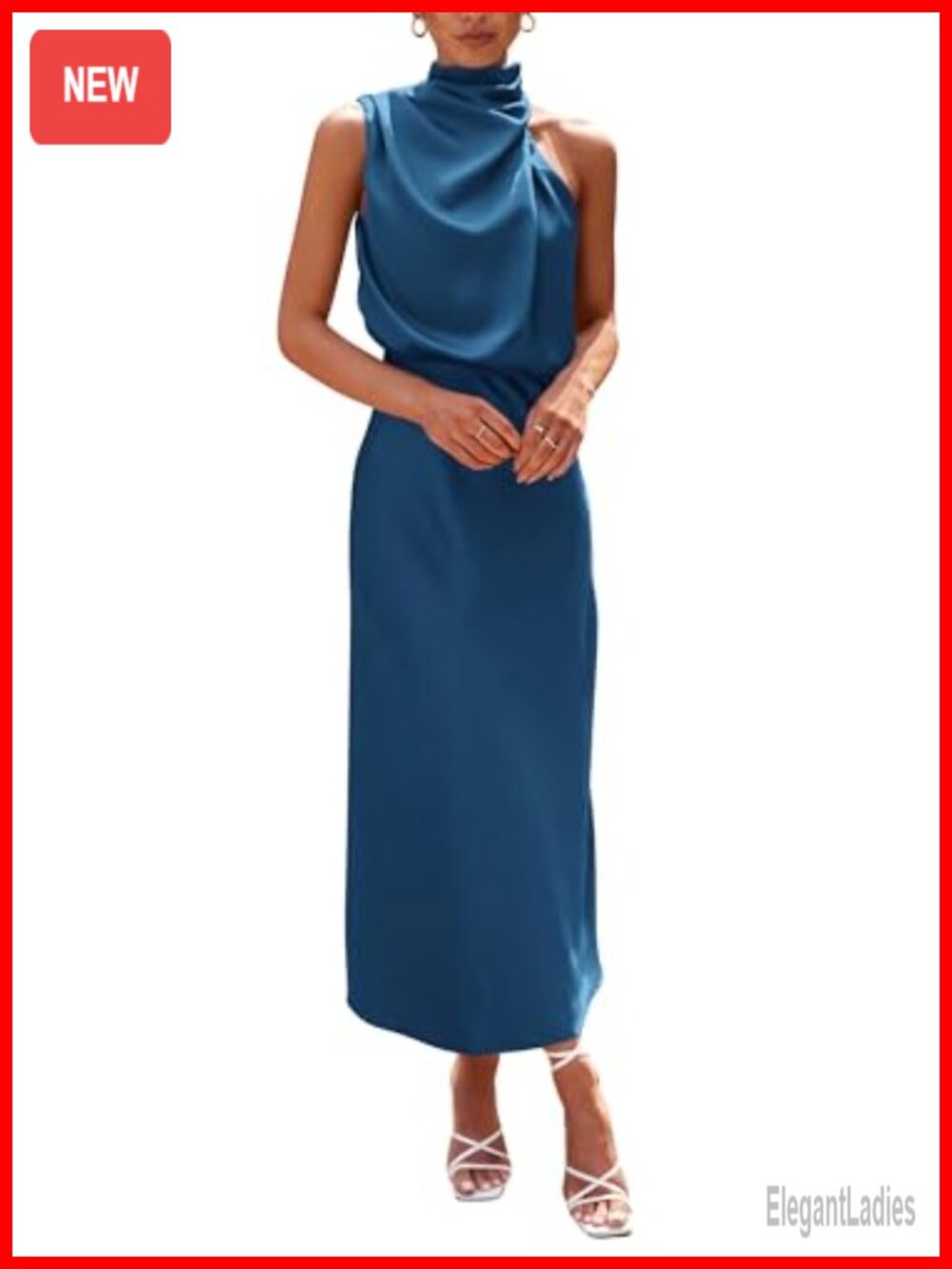 Women's Satin Maxi Cocktail Dress Sleeveless Mock Neck High Waist Formal
